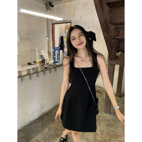 法式黑色吊带连衣裙女a字短裙