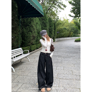 女松弛感直筒宽松阔腿裤 弯刀廓形解构低腰牛仔裤 随性美式 辰米范