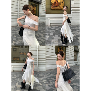 辰米范【现货6.5折】纯白日记 莫代尔斜肩收腰背心女+半身裙套装