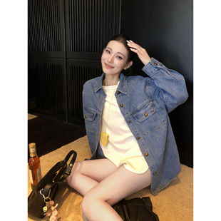 复古蓝色牛仔衬衫 外套女气质休闲宽松显瘦衬衣 假日丹宁 辰米范