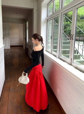 辰米范 情非得已 鲜艳红色松紧腰褶皱半身裙女气质大摆A字中长裙