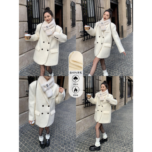 宽松毛呢双排扣西装外套