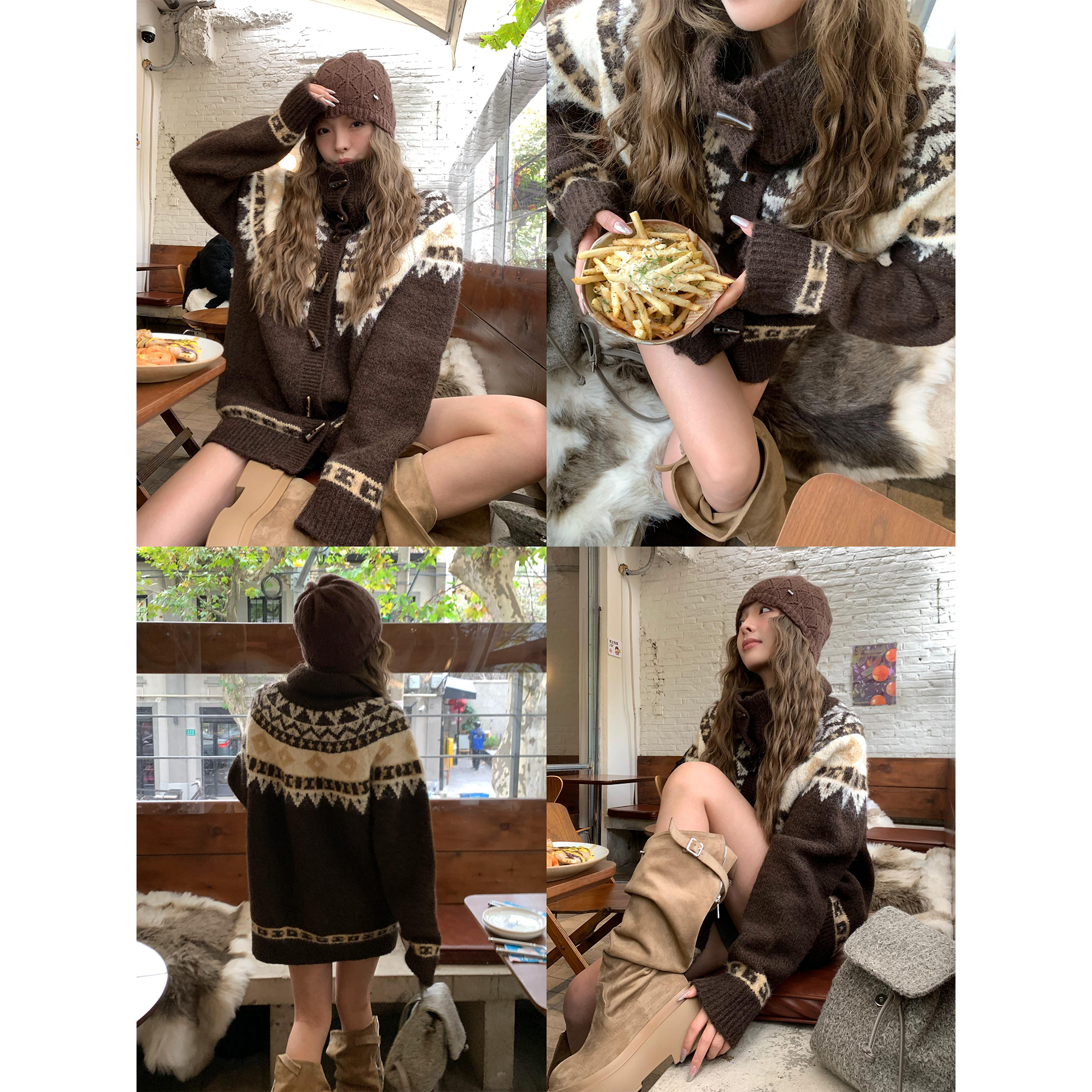 复古费尔岛提花开衫毛衣女