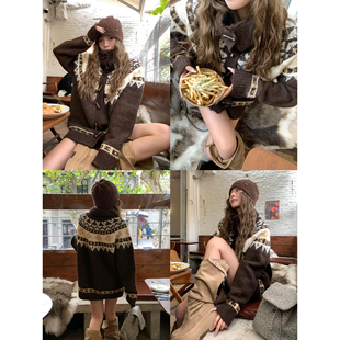 毛衣女设计感牛角扣宽松加厚外套 复古提花开衫 辰米范 现货7折