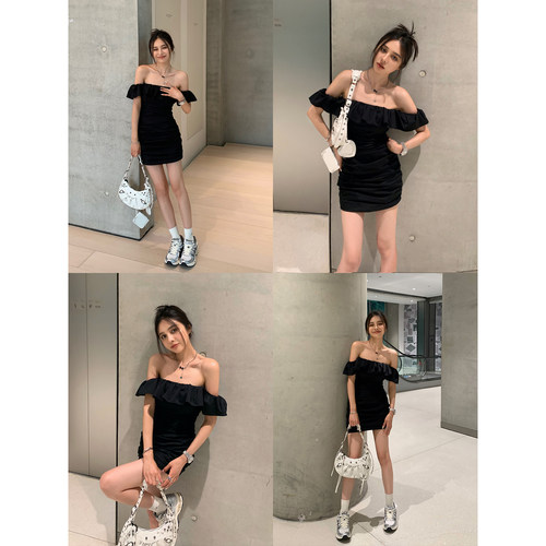 辣妹一字肩连衣裙女修身收腰短裙