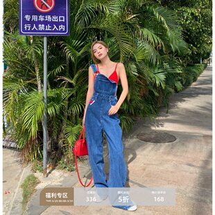 女开叉直筒显高阔腿拖地连体裤 高腰牛仔背带裤 现货5折 辰米范