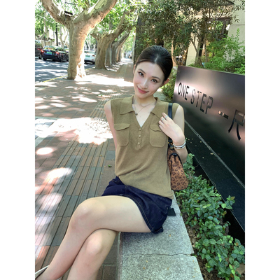 辰米范 淡系老钱 polo领针织背心女夏莱赛尔休闲宽松V领无袖上衣