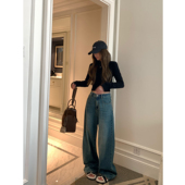 高腰显瘦垂感拖地直筒长裤 女秋冬新款 蓝色休闲阔腿牛仔裤 辰米范