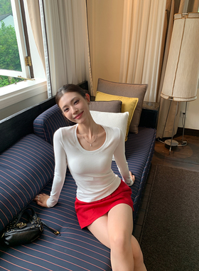 辰米范 休闲简约 针织U领收腰长袖打底衫上衣女弹力修身内搭t恤秋