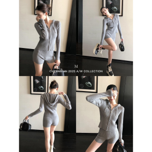 辰米范 松岛周末 复古麻花针织开衫女连帽外套+修身短裤两件套装