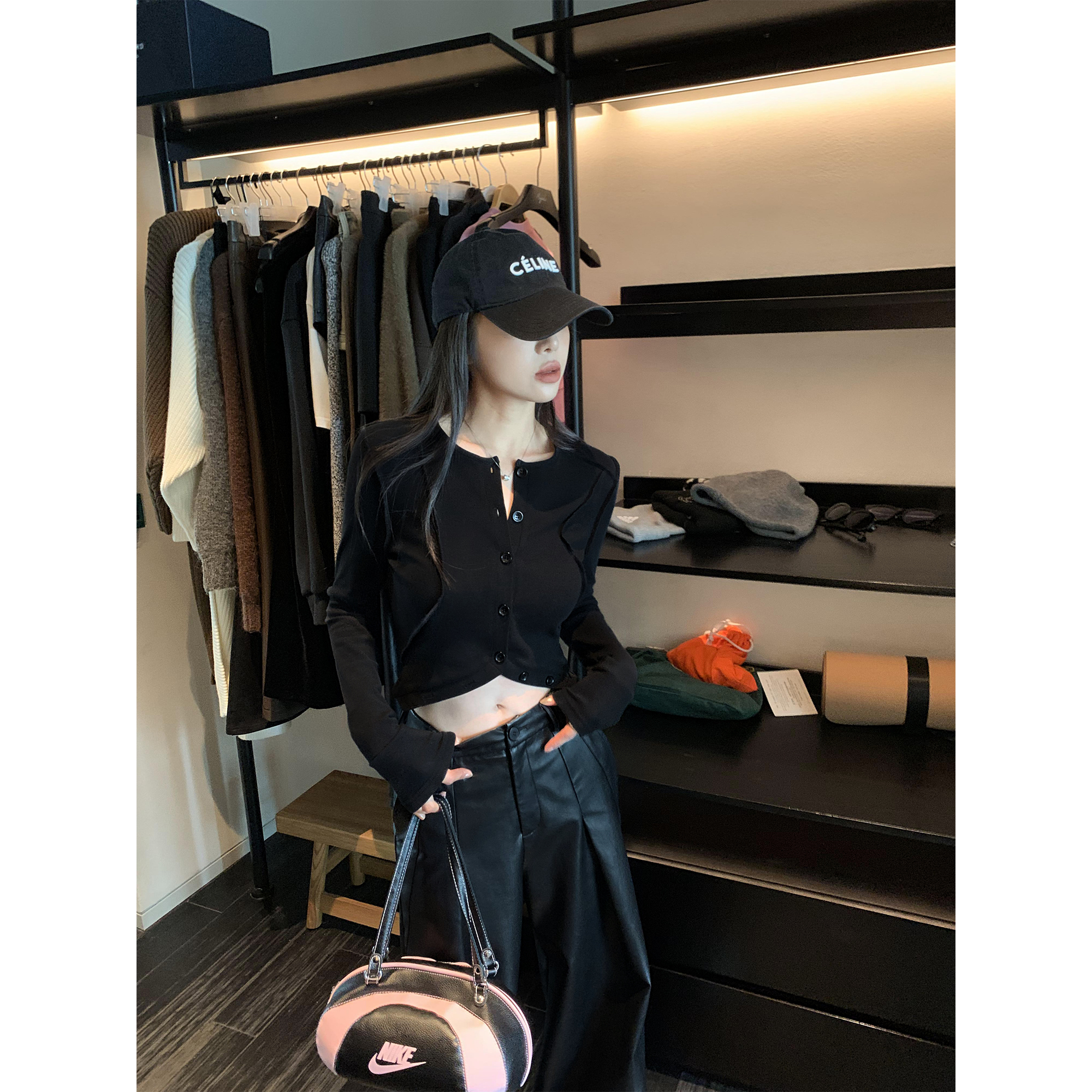 拼接不规则短款长袖开衫上衣