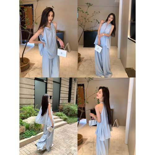 宽松挂脖吊带衬衫女夏裤子两件套