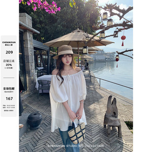 松弛夏日 中长款 宽松慵懒感中袖 女领口抽绳泡泡袖 上衣 衬衫 辰米范