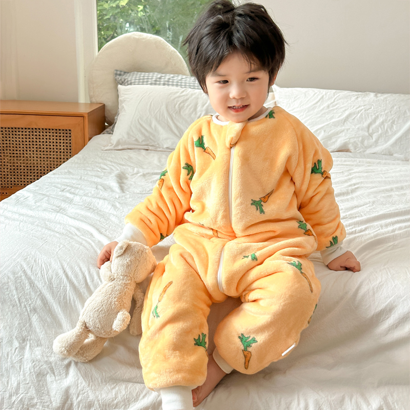 儿童连体睡衣宝宝秋冬季加绒加厚法兰绒家居服珊瑚绒婴儿防踢睡袋