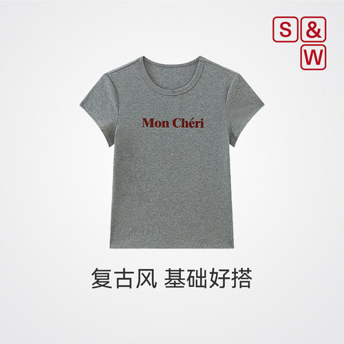 SW速惟正肩短袖女复古百搭时尚印花圆领宽松显瘦上衣2026新款