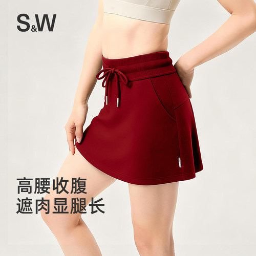 SW速惟红色运动短裙女士a字网球裙防走光瑜伽裙可外穿休闲半身裙