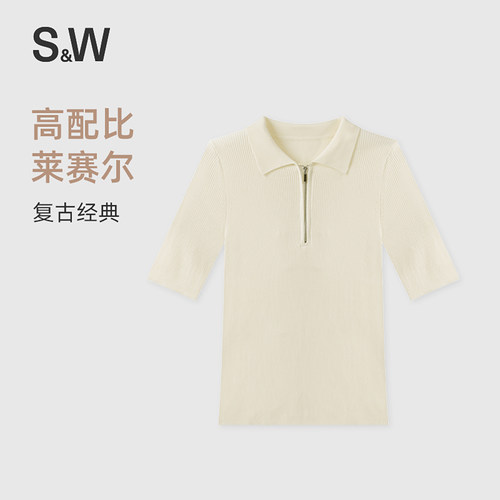 S&W速惟短袖毛针织衫女士polo翻领上衣拉链款修身显瘦透气休闲T恤