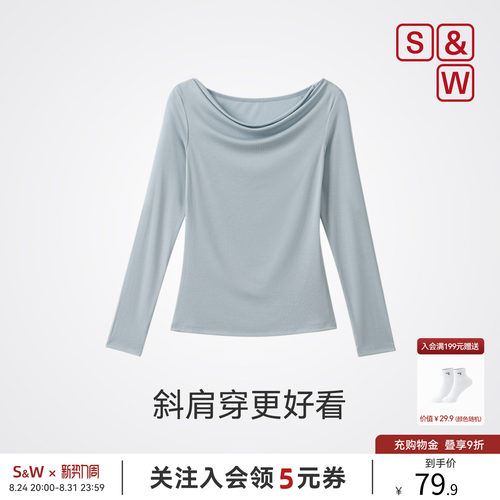 斜肩露肩t恤上衣女松慵懒感长袖