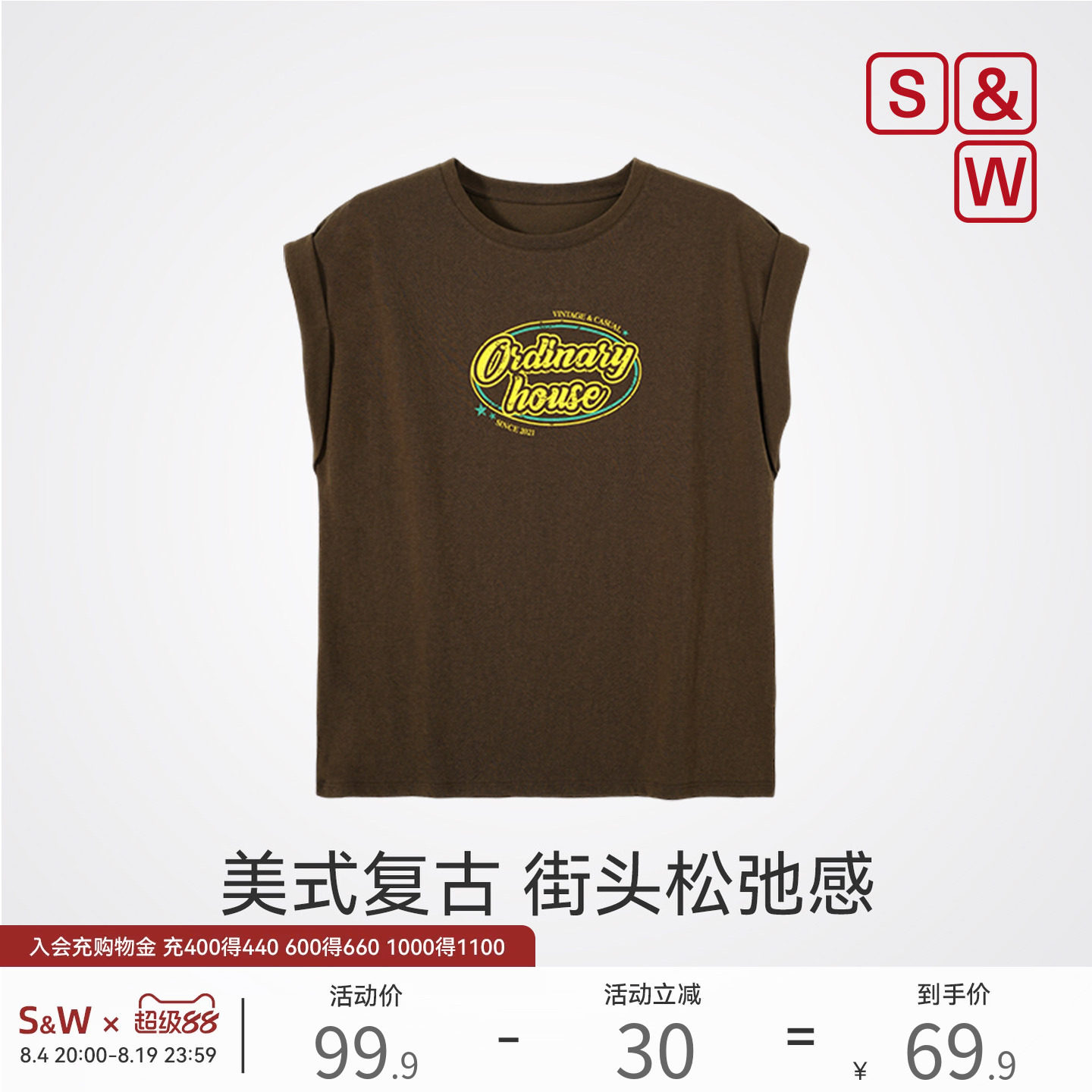 美式复古无袖女t恤休闲运动