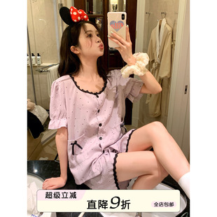 馨帮帮Homedress 甜美蕾丝边波点睡衣女款 夏可外穿舒适家居服套装