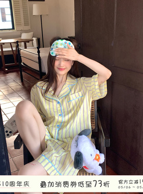 馨帮帮Homedress 韩版撞色条纹短袖睡衣女夏季薄款宽松家居服套装