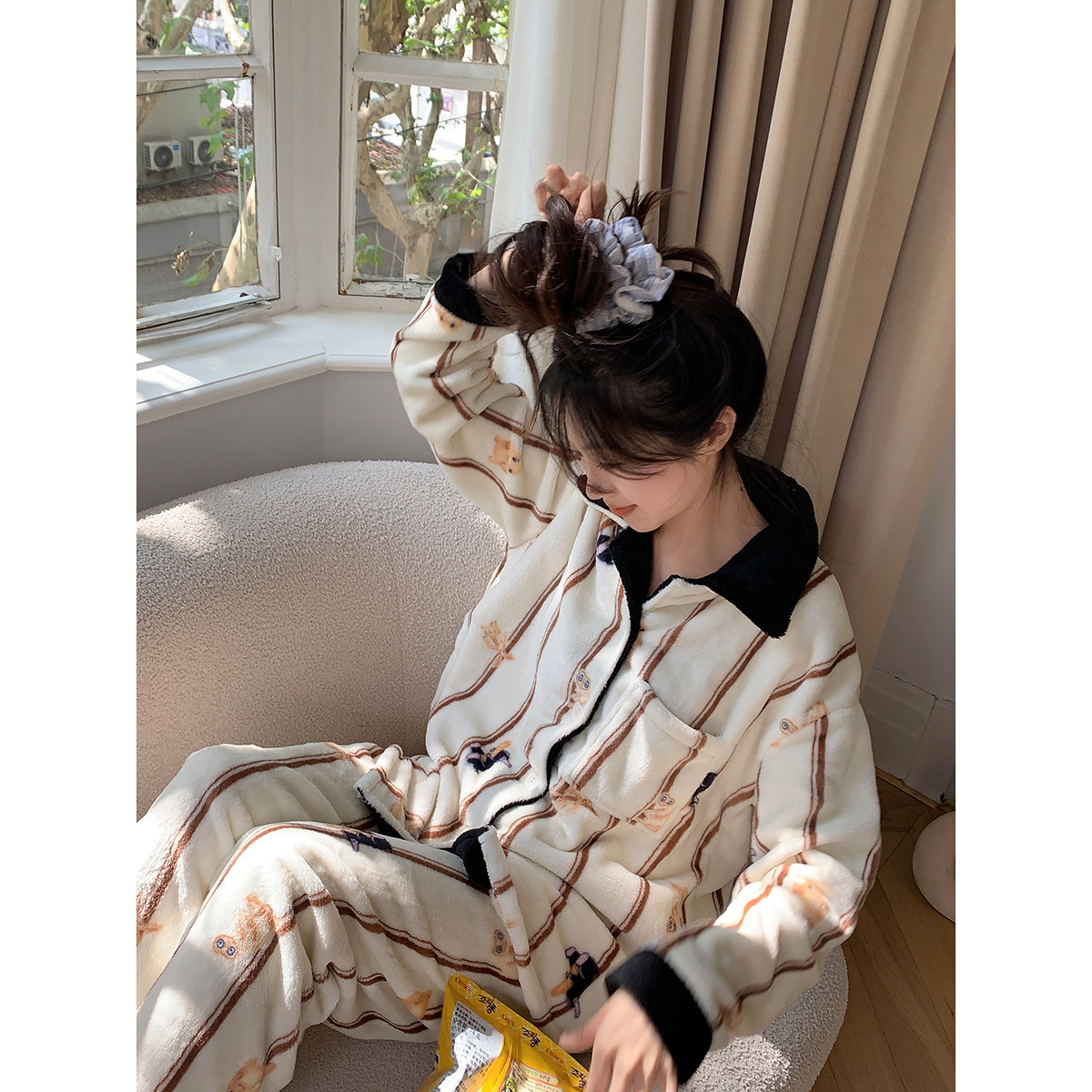 馨帮帮2024年可爱撞色卡通条纹睡衣女秋冬季珊瑚绒加厚保暖家居服,女士内衣/男士内衣/家居服,睡衣/家居服套装,淘宝优惠券,粉丝福利购,淘宝优惠卷