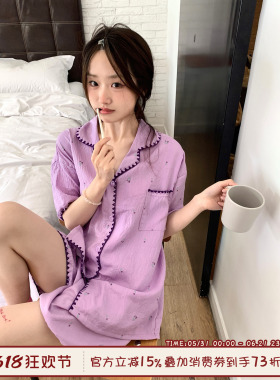 馨帮帮Homedress 温柔风紫色碎花睡衣套装夏季女款短袖短裤家居服