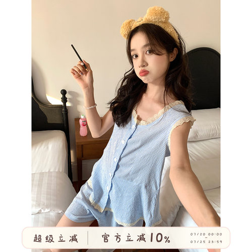 馨帮帮Homedress蕾丝边条纹睡衣