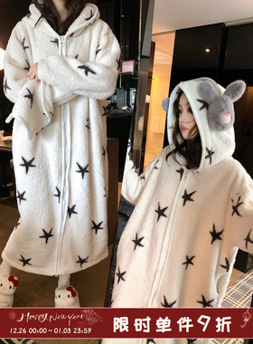 馨帮帮Homedress 星星印花连帽珊瑚绒睡衣冬保暖加厚家居服睡袍女