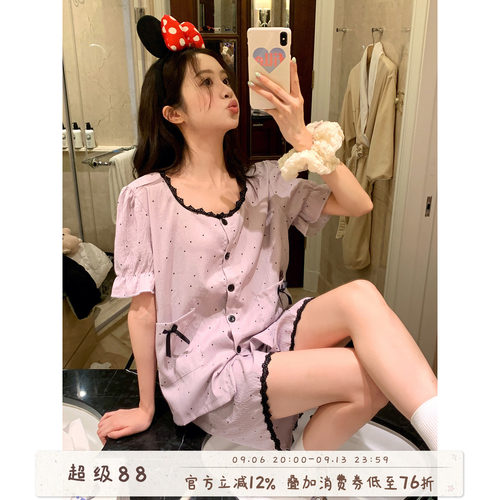 馨帮帮Homedress蕾丝边波点睡衣