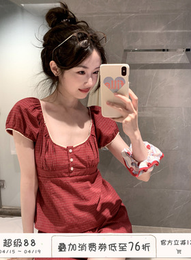 馨帮帮Homedress 复古红色格纹泡泡袖睡衣女夏宽松休闲套装家居服