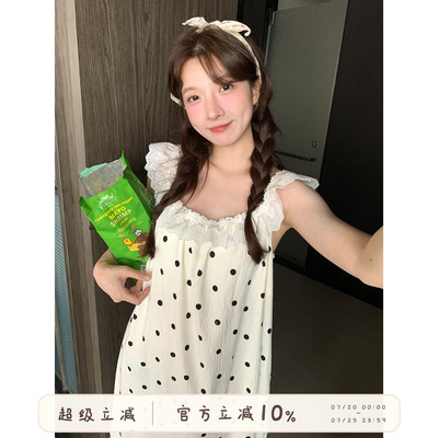 馨帮帮甜美蕾丝花边波点睡裙