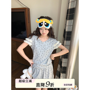 馨帮帮Homedress 甜美蕾丝边小熊睡衣女夏季 新款 可外穿家居服套装