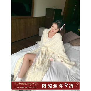 馨帮帮Homedress 系带睡袍 珊瑚绒蕾丝连帽睡衣女秋冬加厚保暖长款