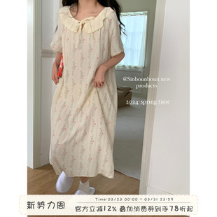 馨帮帮Homedress 睡裙女韩系宽松可外穿睡衣长裙 甜美碎花竖纹短袖