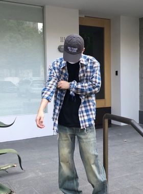 欧美CRUNCHY 2023SS 纯棉水洗复古做旧猫须格子衬衫长袖宽松版型