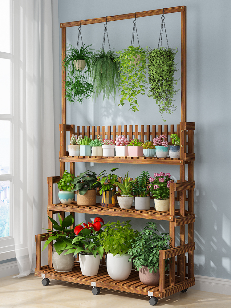 实木花架置物架阳台2025新款多肉移动带轮花架子客厅落地式花盆架