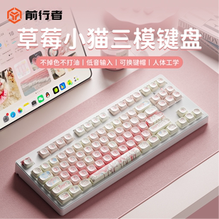 前行者草莓小猫无线机械键盘蓝牙粉色高颜值可爱女生办公游戏专用