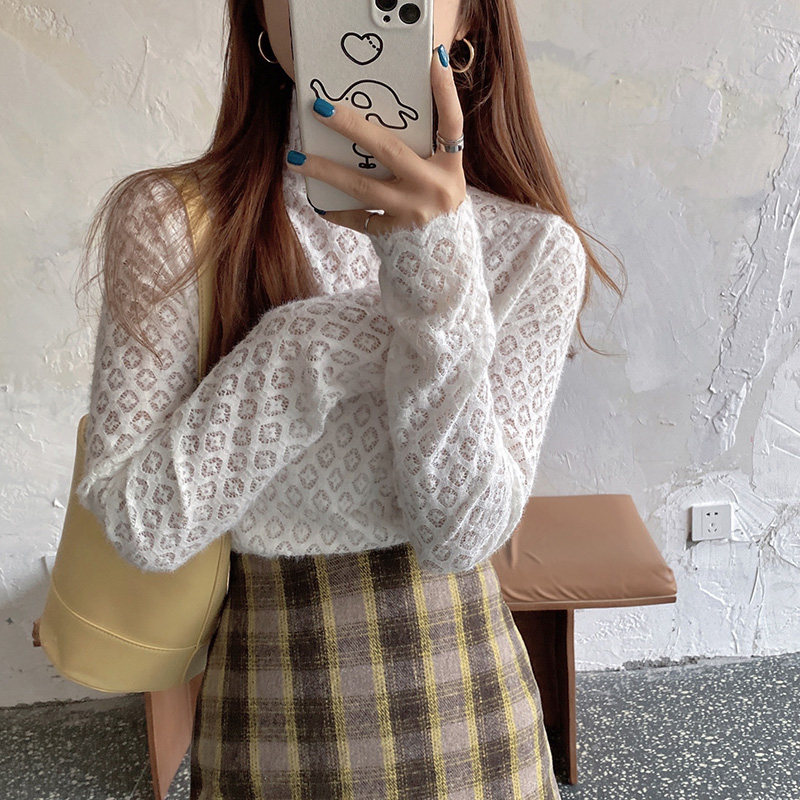 秋冬磨毛网纱蕾丝衣弹力性感立领打底衫长袖套头上衣女