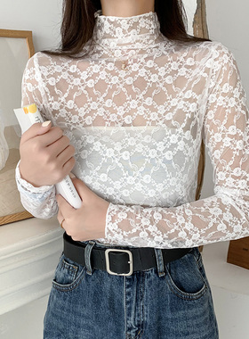 半高领白色蕾丝打底衫女2020新款透视神仙内搭沙t洋气网纱上衣薄