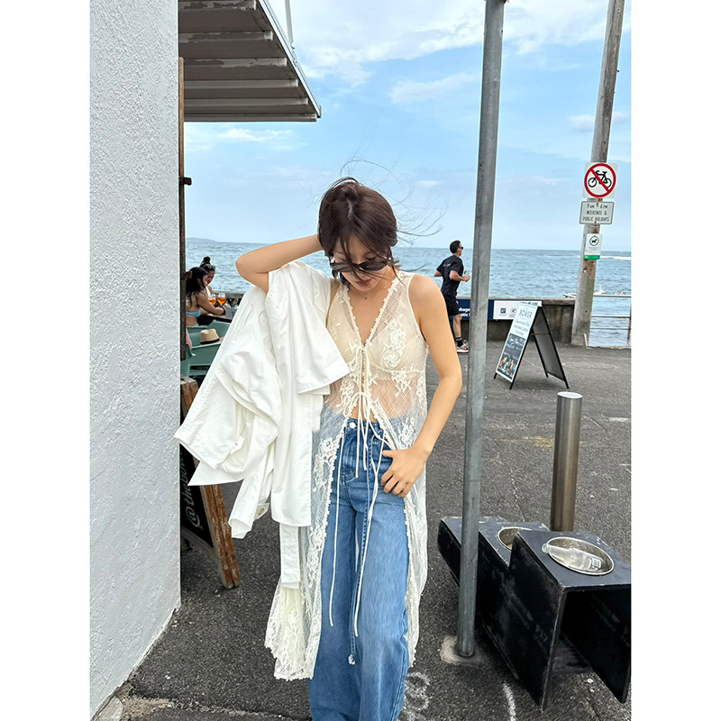 蕾丝修身长款马甲式连衣裙春季新款休闲百搭长开衫女