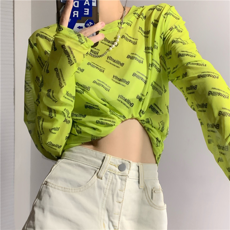 2021新款透气不闷夏季韩版ins字母透视网纱防晒衫长袖T恤外穿女装