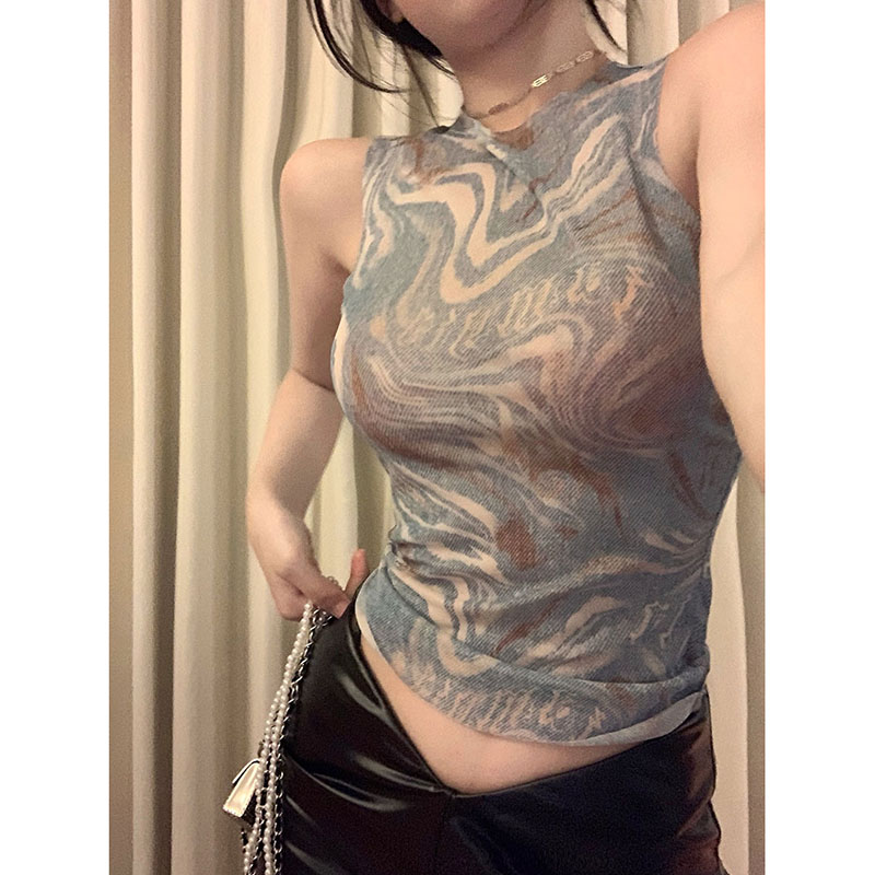 蓝色吊带背心网纱性感内搭