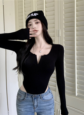 性感黑色连体上衣长袖打底衫女秋冬2023新款连档紧身t恤辣妹内搭