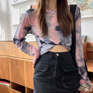 lisa同款上衣半高领扎染网纱打底衫女冰丝防晒内搭透视t薄款t2021