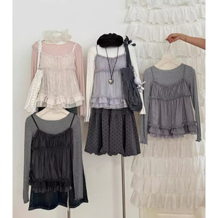 甜美上衣 新款 木耳边吊带长袖 T恤两件套女2025秋季