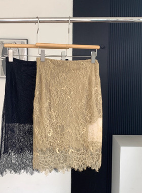 金黄色蕾丝微透半身裙女性感中长款弹力修身包臀裙子
