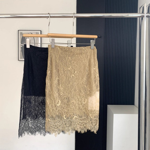 金黄色蕾丝微透半身裙女性感中长款弹力修身包臀裙子