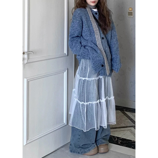 白色蕾丝半身裙女秋冬韩系透视罩裙叠穿下摆裙帘a字网纱屁帘长裙