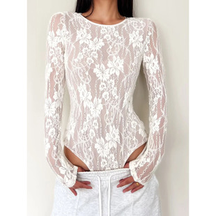欧美风圆领蕾丝连体衣女秋季外穿浮雕镂空紧身性感打底衫连裆上衣